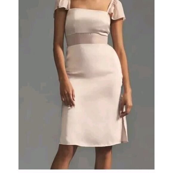 Anthropologie Flutter-Sleeve Satin Sheath Dress Cream Size 10 New - Picture 1 of 3